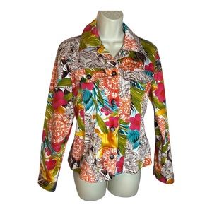 Harvey Benard Colorful printed White Floral Jeans Jacket VTG size 8 Petite